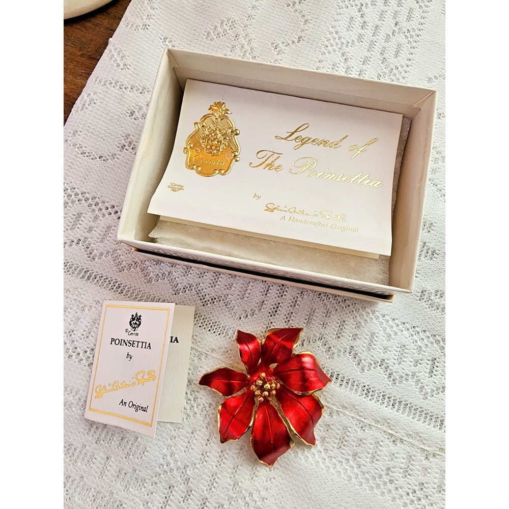 Vintage‎ Christmas Poinsettia Brooch Pin By Cerrito Red Enamel Love Symbol Gift